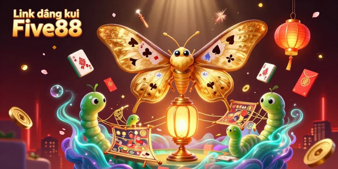 Engage with Link đăng ký Five88 in this vibrant 3D illustration showcasing a golden moth and casino elements.