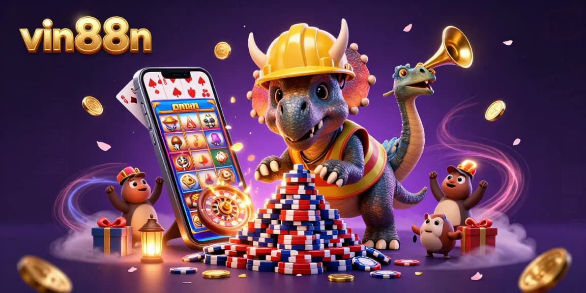 Celebrate wins with vin88n: vibrant 3D casino scene showing joyful dinosaurs and games.