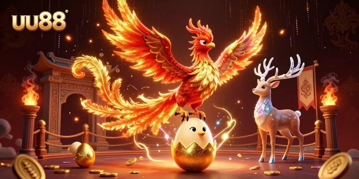 Experience thrilling gaming action at uu88 with vibrant phoenix and stag arrayed in a packed casino scene.
