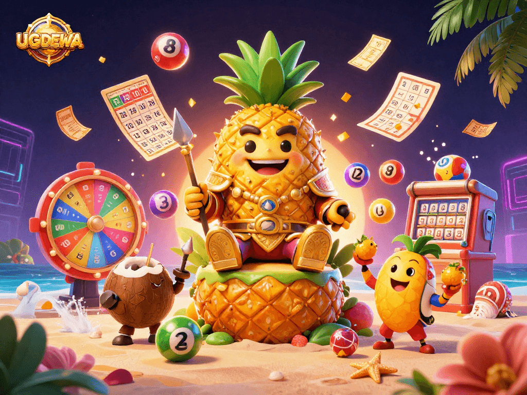 UGDEWA’s vibrant 3D cartoon casino scene showcases a pineapple king surrounded by thrilling game elements.