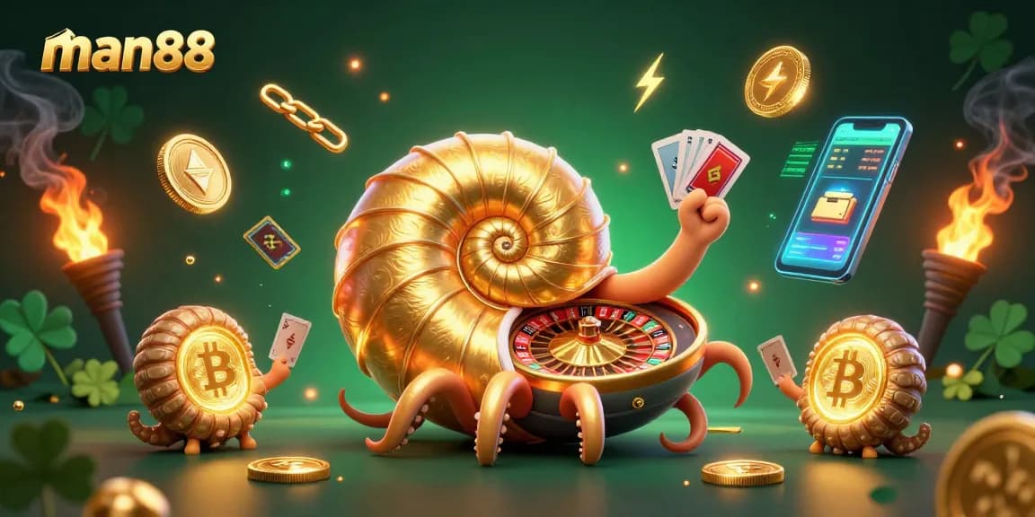 Experience thrilling gaming action at man88 with a golden roulette wheel and crypto coins.