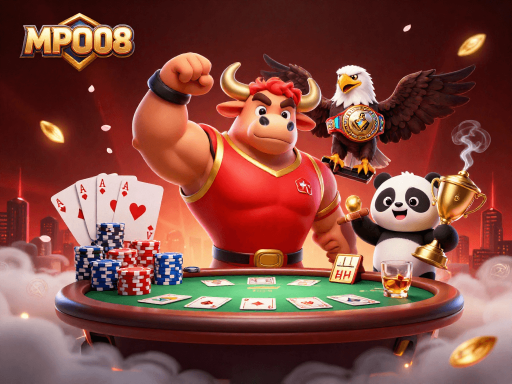 MPO08 celebrates big wins with a victorious bull mascot, championship eagle, and trophy panda surrounded by gambling elements.