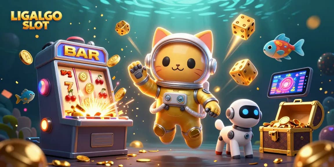 Experience the excitement of LIGALGO SLOT with a vibrant illustration showcasing space-themed casino elements.