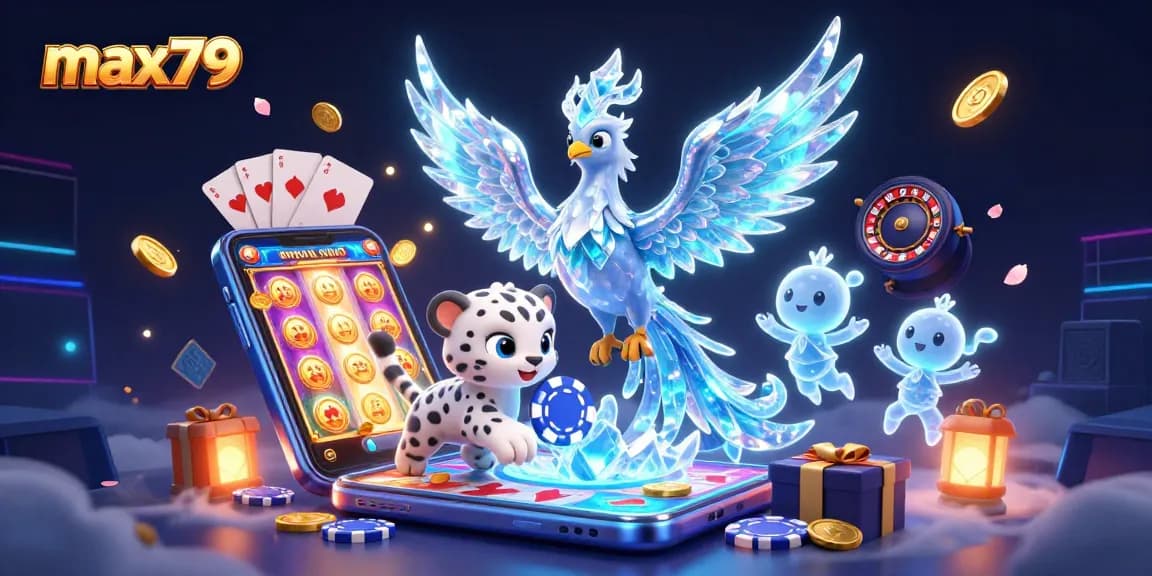 Play and win with max79 in this vibrant casino-themed 3D illustration featuring unique characters.