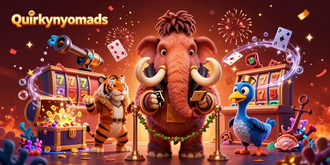 Engage in thrilling games at quirkynomads casino, featuring a vibrant 3D scene with animated characters.