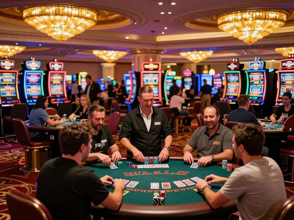 Engaged players at the blackjack tables at https://kp88a.com/ with dealers managing bets under warm casino lighting.