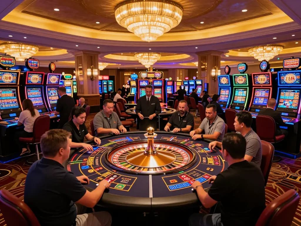 Players enjoy a vibrant gaming experience at the J188 casino, engaging in roulette under bright lights.