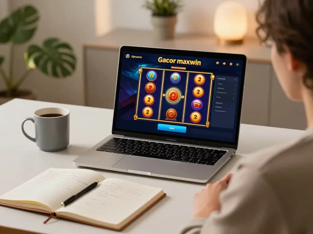 Engaged player enjoying slot gacor maxwin game on laptop at cozy home setup