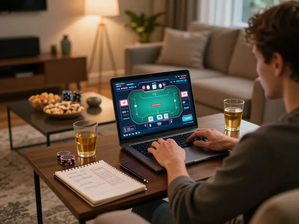 Engaging poker gameplay with vip66 online casino platform in a cozy living room setting.
