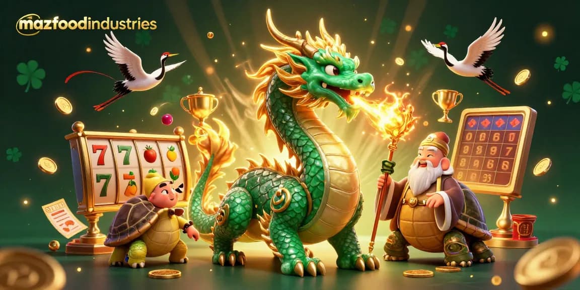 Experience thrilling gameplay at mazfoodindustries with a vibrant 3D slot and dragon scene.