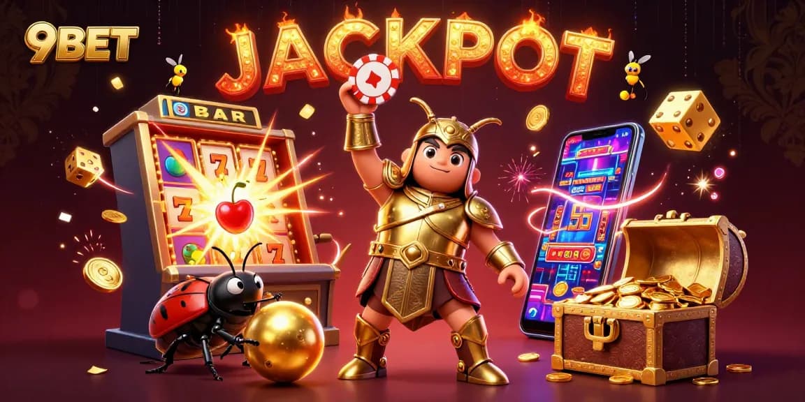 Experience thrilling wins at 9BET with a vivid 3D jackpot illustration and casino excitement.