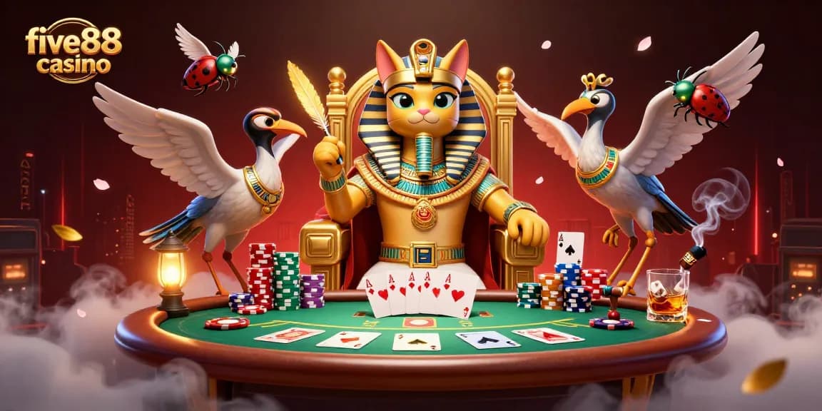 Engage with five88 casino's vibrant gameplay featuring a royal pharaoh cat and poker elements.