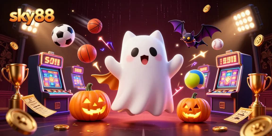 Engage in sports betting with sky88's thrilling 3D illustration featuring ghostly characters and casino action.