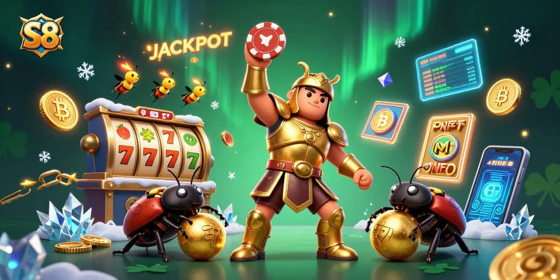 Win big at S8 with a triumphant hercules beetle in a vibrant casino scene!