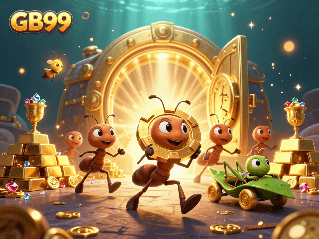 GB99 ants heisting a giant poker chip in a vibrant underground treasure scene.