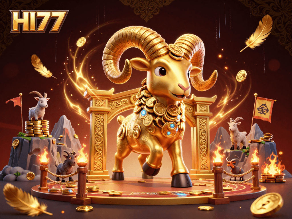 Experience the thrilling atmosphere of HI77 with a golden ram charging through a rich gambling arena.