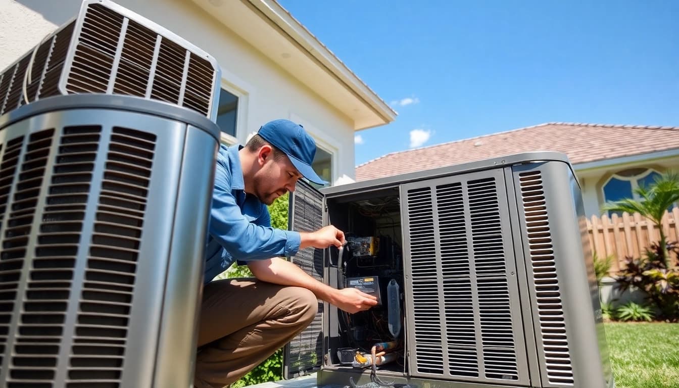 Professional technician conducting AC Repair Tampa in a residential setting with bright blue sky.