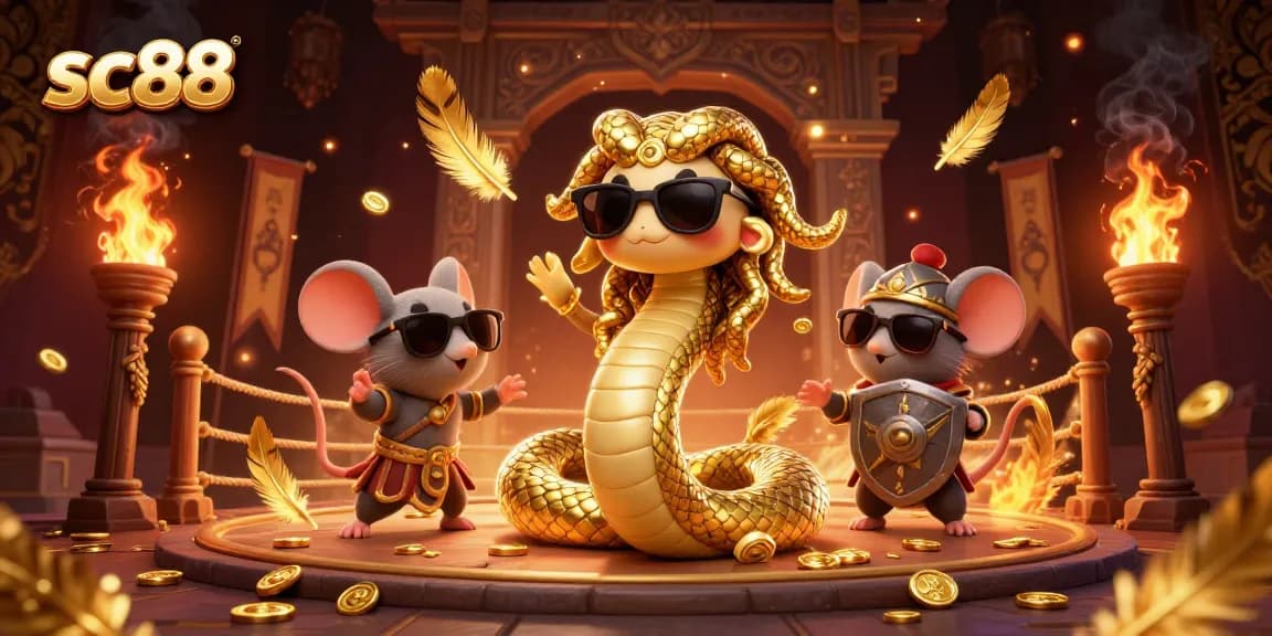 Engage in thrilling battles with SC88, featuring a friendly Medusa and a warrior mouse in an exciting casino arena.
