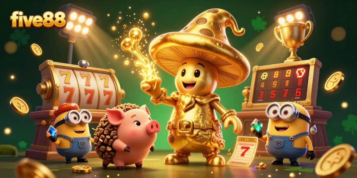 Engage with the thrilling five88 slot experience featuring a magical golden mushroom wizard and cinematic gaming elements.