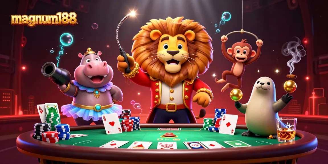 Engage with magnum188 through an exciting circus-themed 3D casino illustration featuring vibrant characters.
