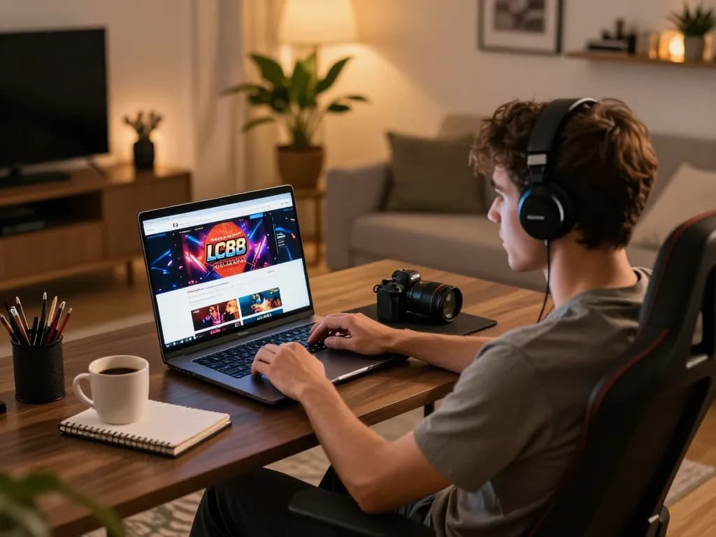 Player engaging with LC88 online casino platform on a modern gaming setup during a cozy evening session