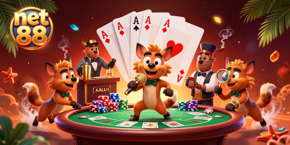 Experience the excitement of net 88 with 3D hyena characters in a vibrant casino scene.