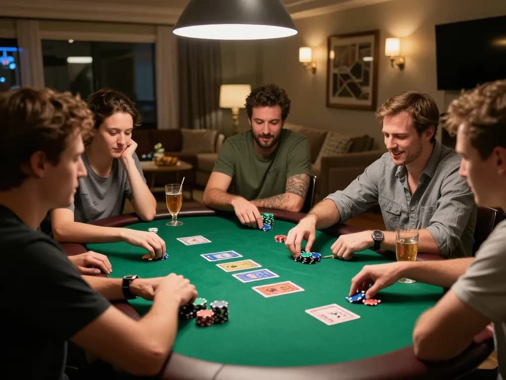 Players enjoying a thrilling poker night at home, showcasing LC88 strategies and social interaction