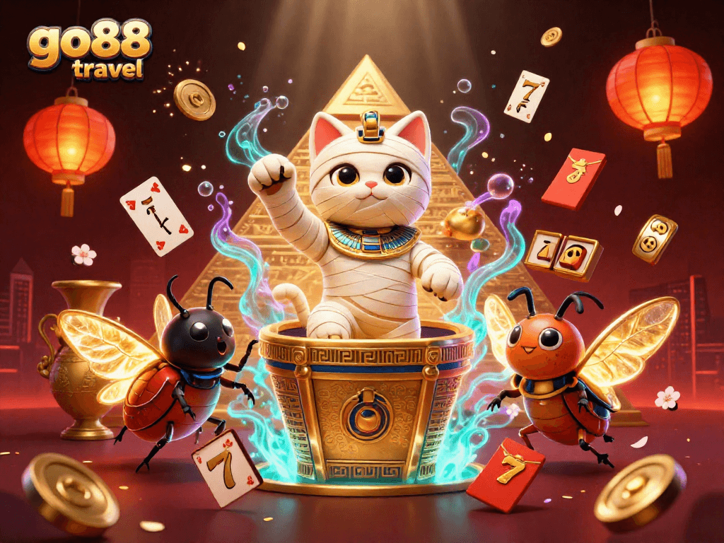 Experience the lively go88 travel scene with a mummy cat and casino symbols bursting with excitement.