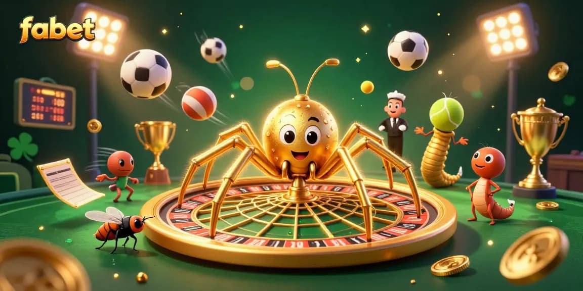 Engaging fabet scene with a golden spider, sports balls, and dynamic betting elements