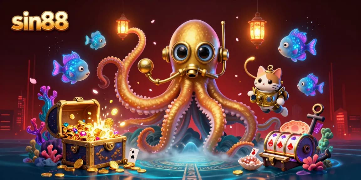 sin88 showcases thrilling underwater casino adventures with an epic kraken and vibrant gameplay.