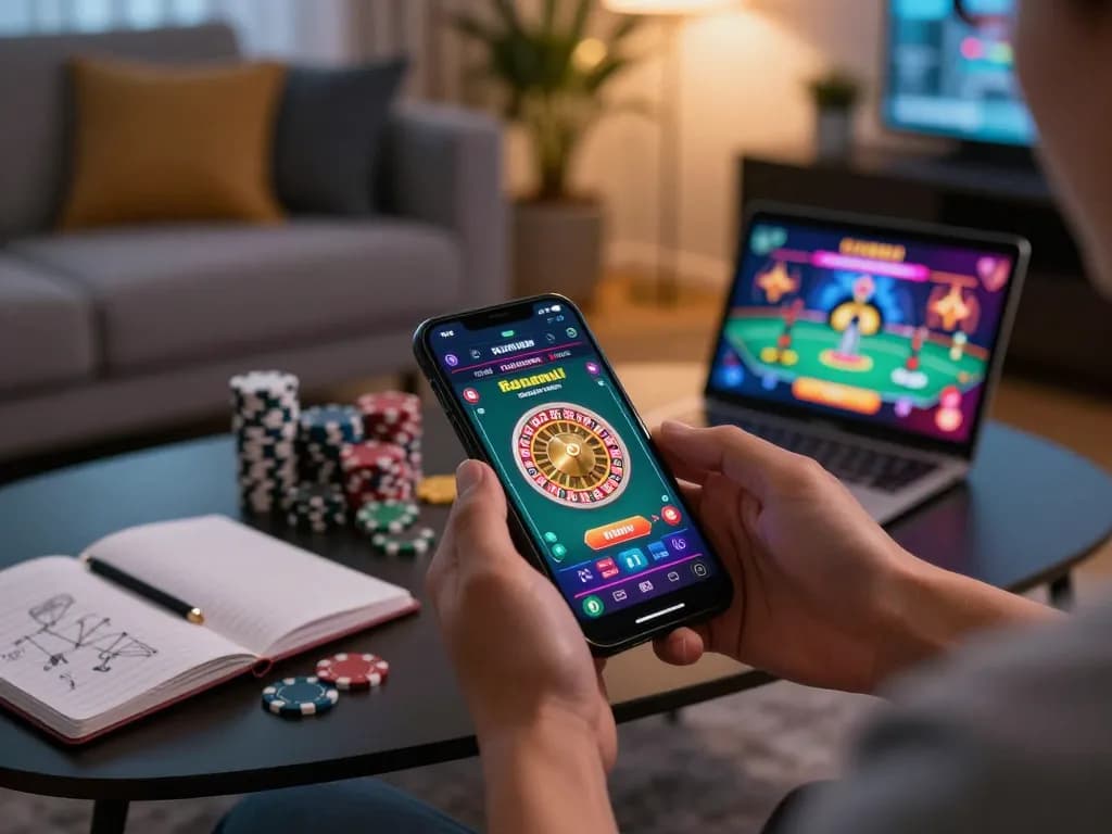 KJC user enjoying mobile casino gaming, showcasing online roulette experience in a cozy setting
