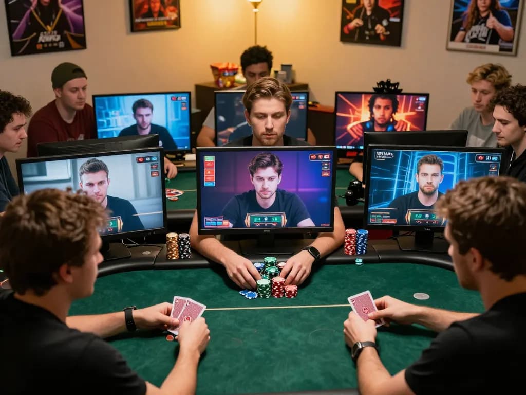 rokok88 players engaged in an online poker game, showcasing strategy and excitement in a vibrant environment.