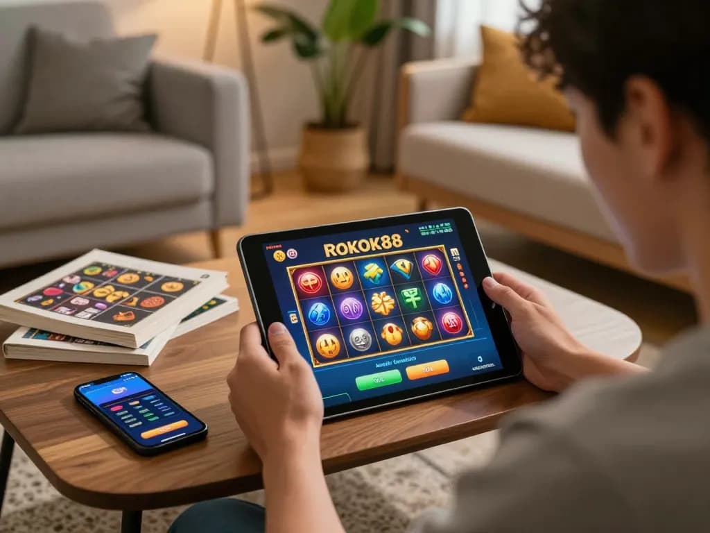 Engage in strategic play and enjoy a thrilling rokok88 login experience on a tablet, surrounded by betting materials.