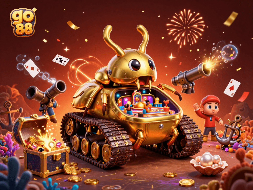 Engage in thrilling gameplay at go 88's immersive 3D casino graphic featuring vibrant gold and confetti.