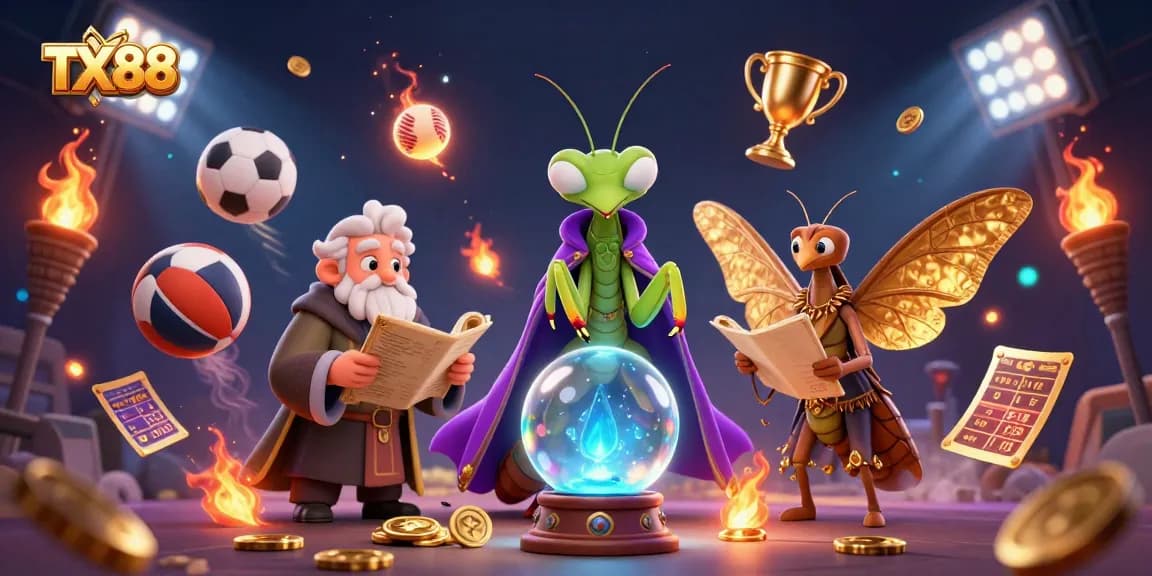 Experience TX88 with a vibrant 3D illustration of fortune tellers and sports elements in action.