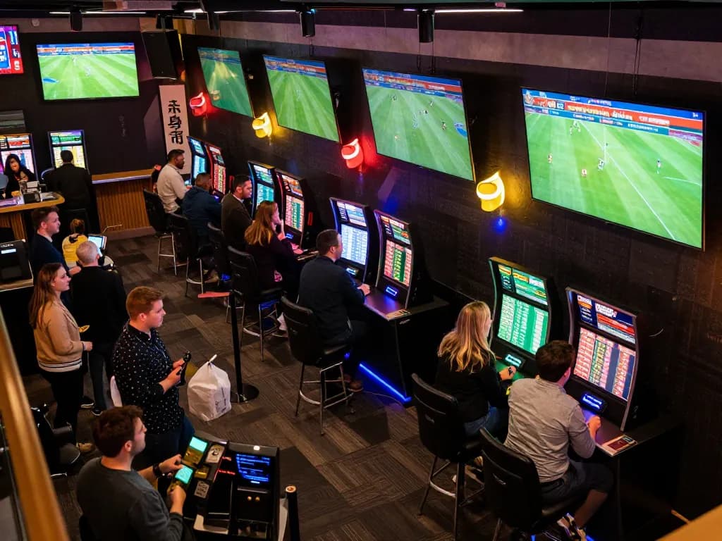 Betting strategies in action with enthusiastic sports fans analyzing odds at the sports venue.