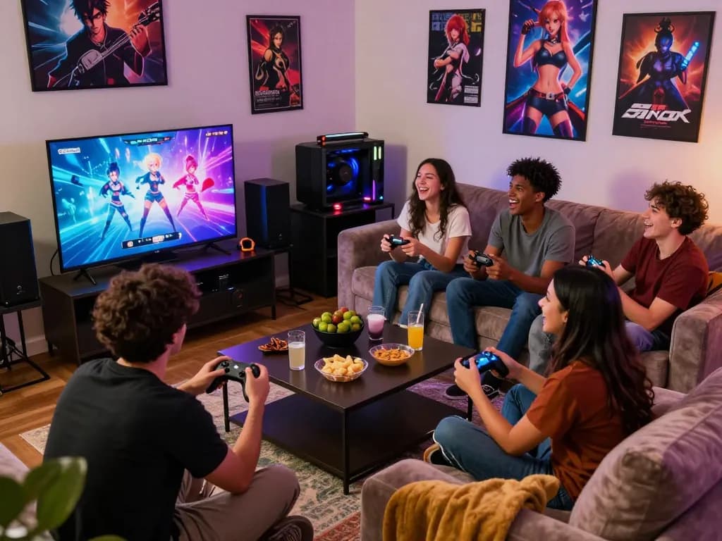 Group enjoying interactive hentai games in a cozy gaming setup with vibrant visuals.