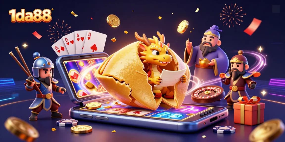 Experience exciting wins at 1da88 with a colorful casino-themed digital illustration.