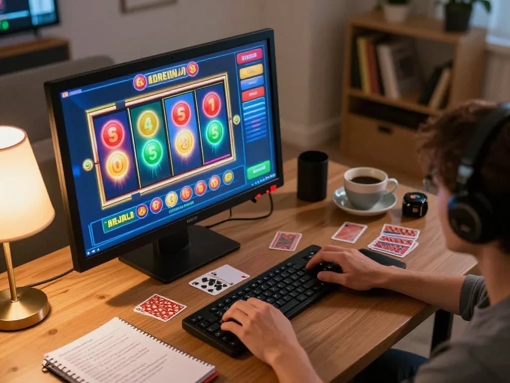 Pemain berinteraksi dengan antarmuka permainan slot online yang dinamis selama sesi bermain di rumah yang nyaman