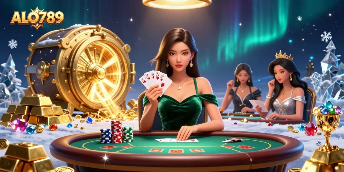 Play poker at ALO789 with stunning visuals of a beautiful Asian woman at a luxury table