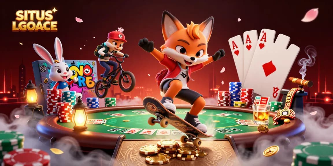 SITUS LGOACE showcases vibrant 3D casino illustration with dynamic characters and exciting gameplay elements.