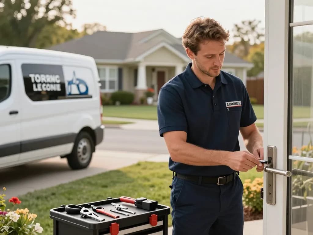 Locksmith inspecting a door lock at a residential property, showcasing PSL Lock and Key's expert services.