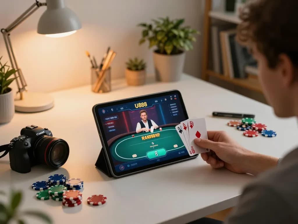 Engaging gaming moment showcasing U888 poker gameplay on tablet in a cozy home setting