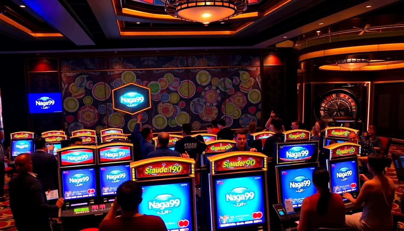 Players engaged at Naga99 slot machines with vibrant visuals and casino atmosphere.