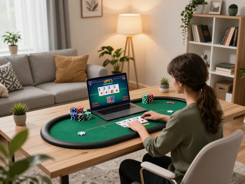 Players strategizing poker moves at 789pp online casino in a cozy home office.