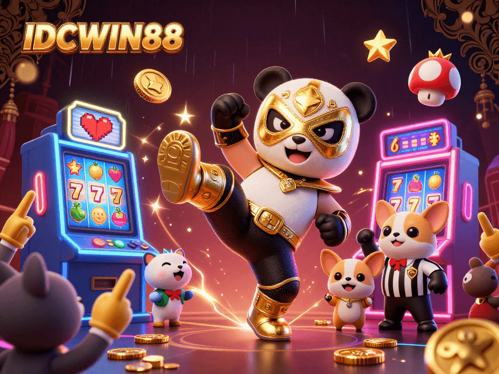 Engage with IDCWIN88's vibrant slots scene featuring a cowabunga panda and exciting casino elements.