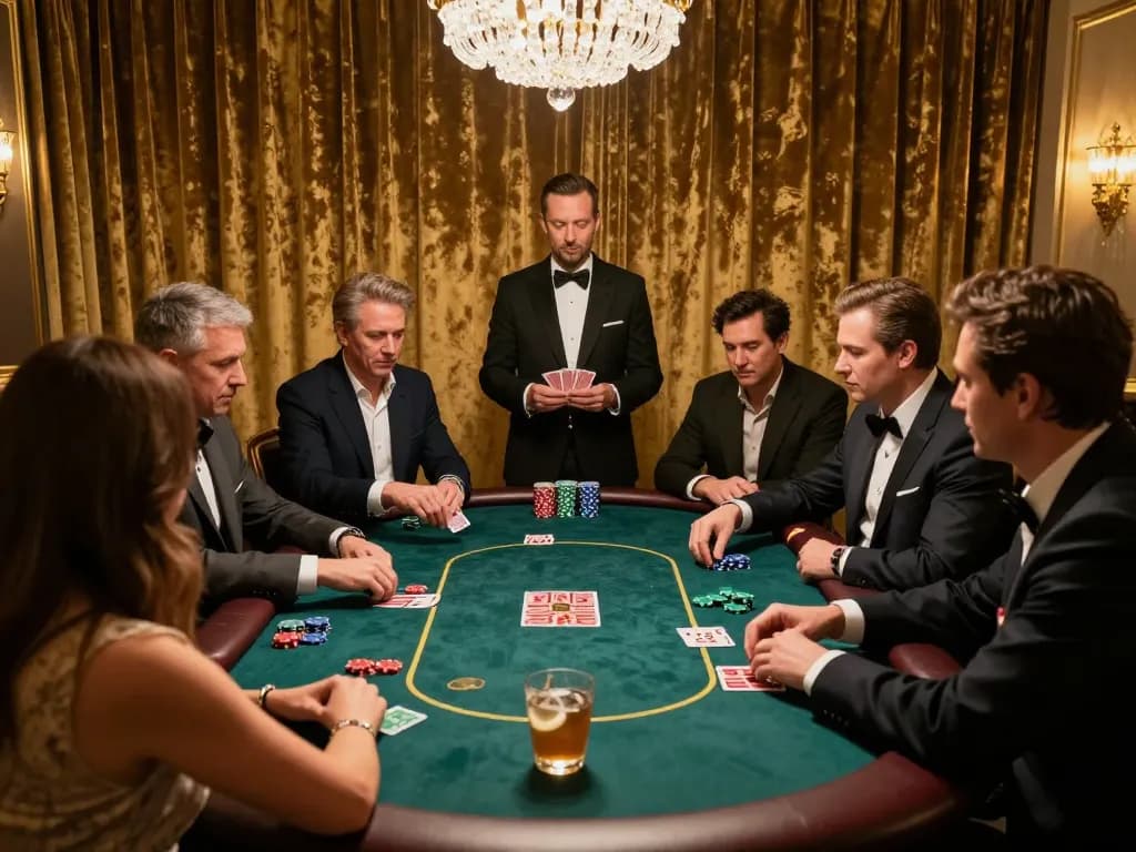 VIPWIN poker enthusiasts engaged in strategic gameplay around an elegant private table, showcasing a luxurious gambling atmosphere