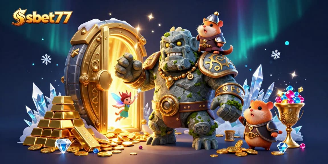 Spin to win at ssbet77 with a magical scene featuring a golem, fairy, and hamster knight!
