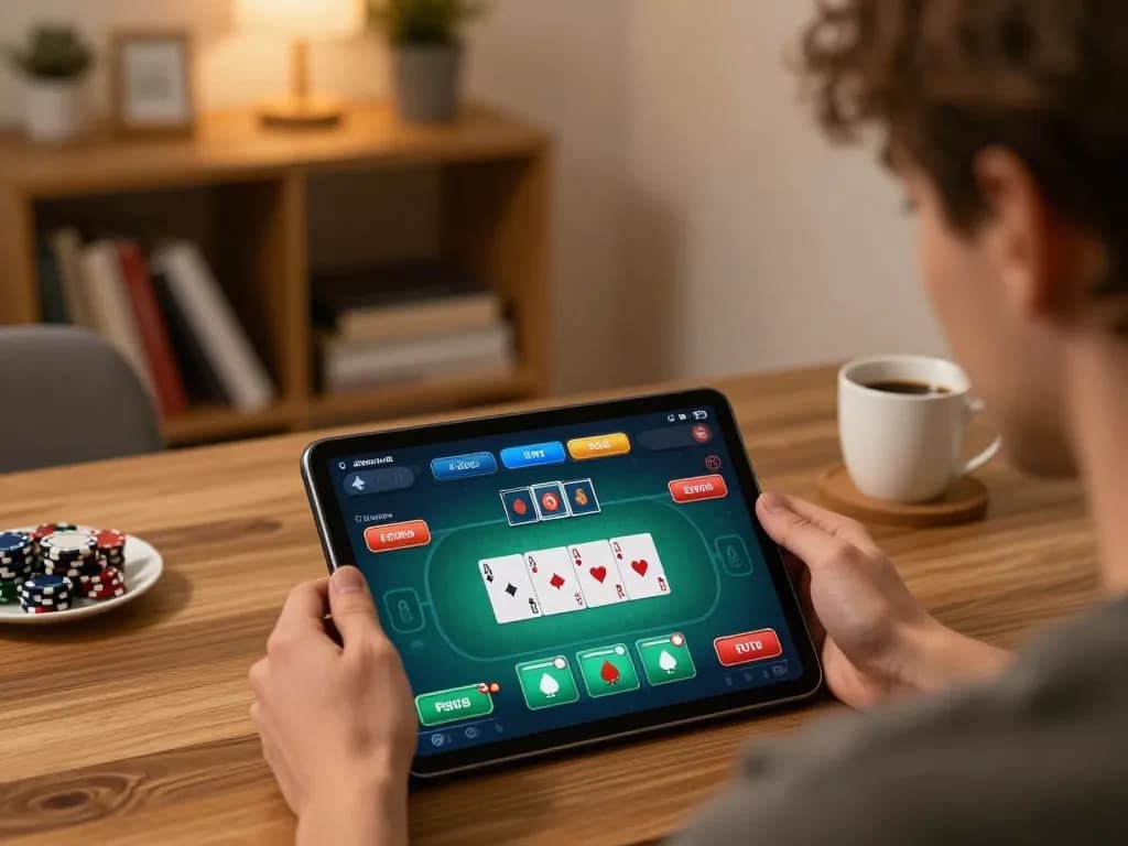 Engage in a 집중적인 rik vip poker experience on a tablet, showcasing strategic gameplay.