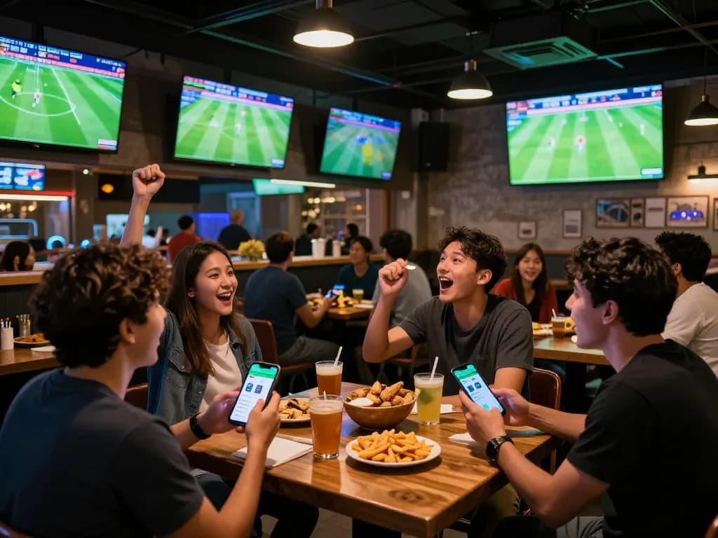 SOCOLIVE app being actively used for live betting in a lively sports bar filled with fans cheering on their teams